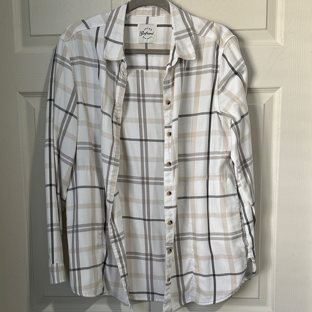 Jachs Girlfriend button down White and Tan Plaid Button Down Shirt size large